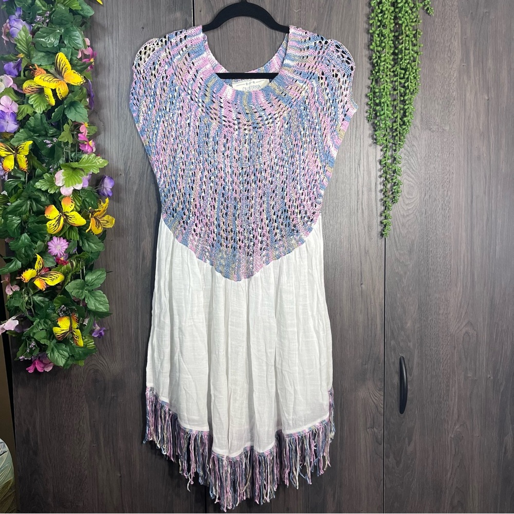 > California Moonrise Woven Fringe Trim Short Sleeve Dress Size Medium